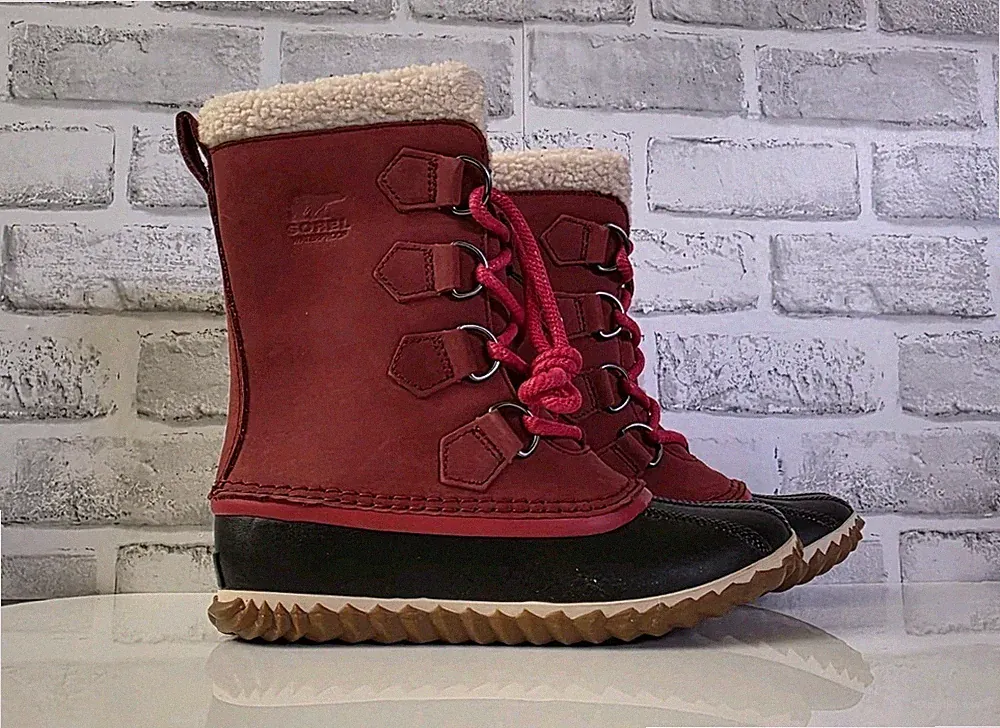 SOREL Caribou Slim Waterproof Red Element Leather Winter Snow Boots Size 6