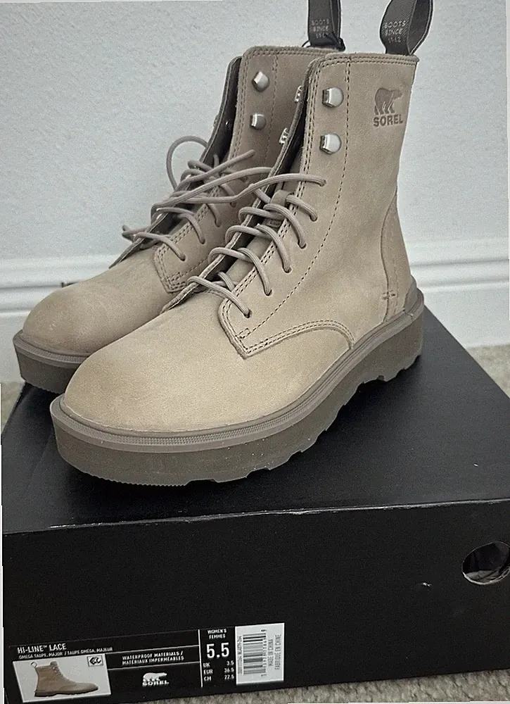 Sorel Hi-Line Lace Waterproof Taupe Combat Boots Women's Size 5.5