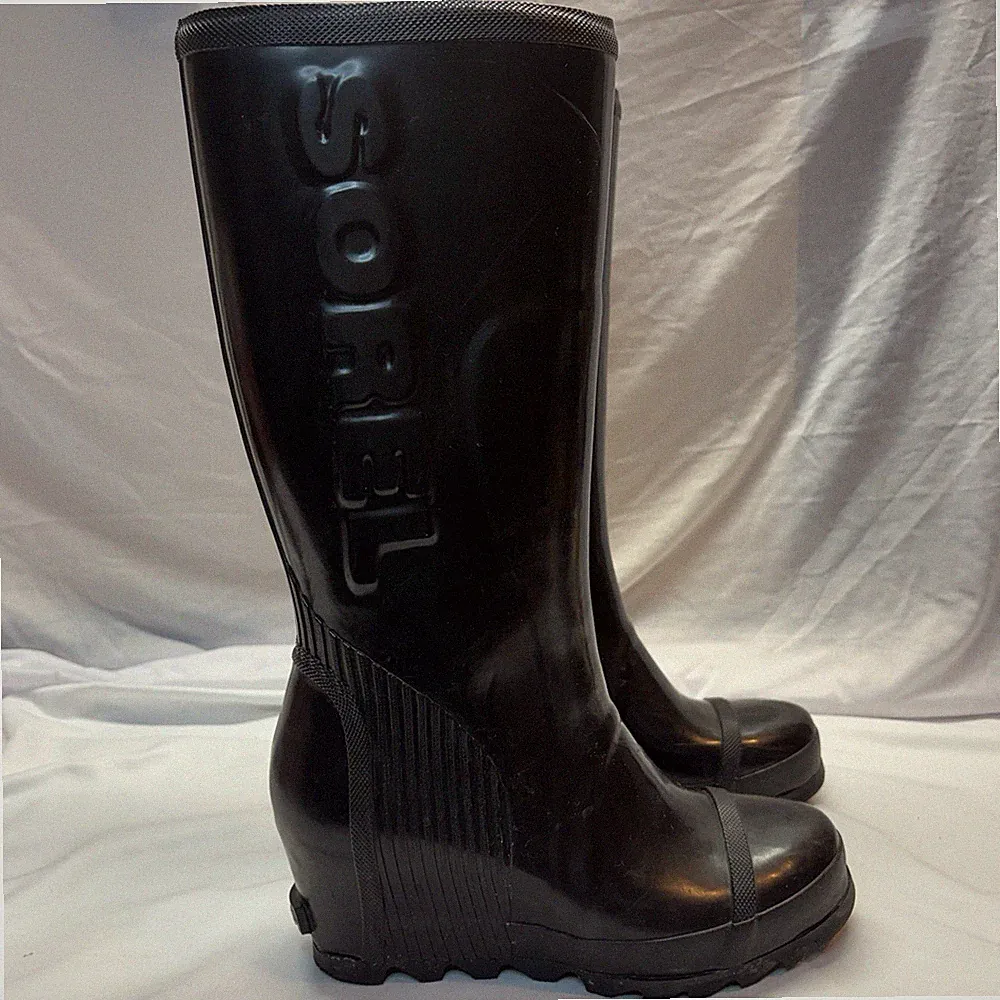 Sorel Joan Black Rain Boots Wedge Tall Pull On Knee High Waterproof Women 9.5 US