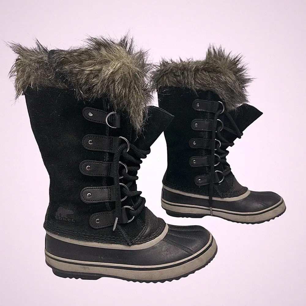 Sorel Joan of Ark Snow Boot Womens 7 Black Suede Faux Fur Waterproof Lace Up