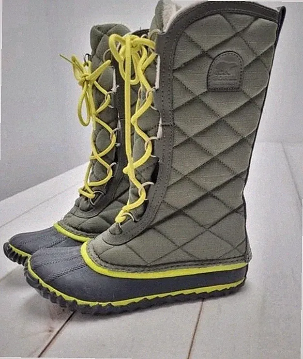 Sorel Out 'N About Quilted Lace-Up Lined Mid-Calf Snow Boots Green US 6