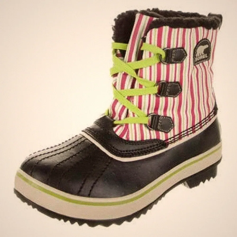 Sorel Striped Fuzzy Lined Lace Up Mid Calf Winter Snow Boots Size 6