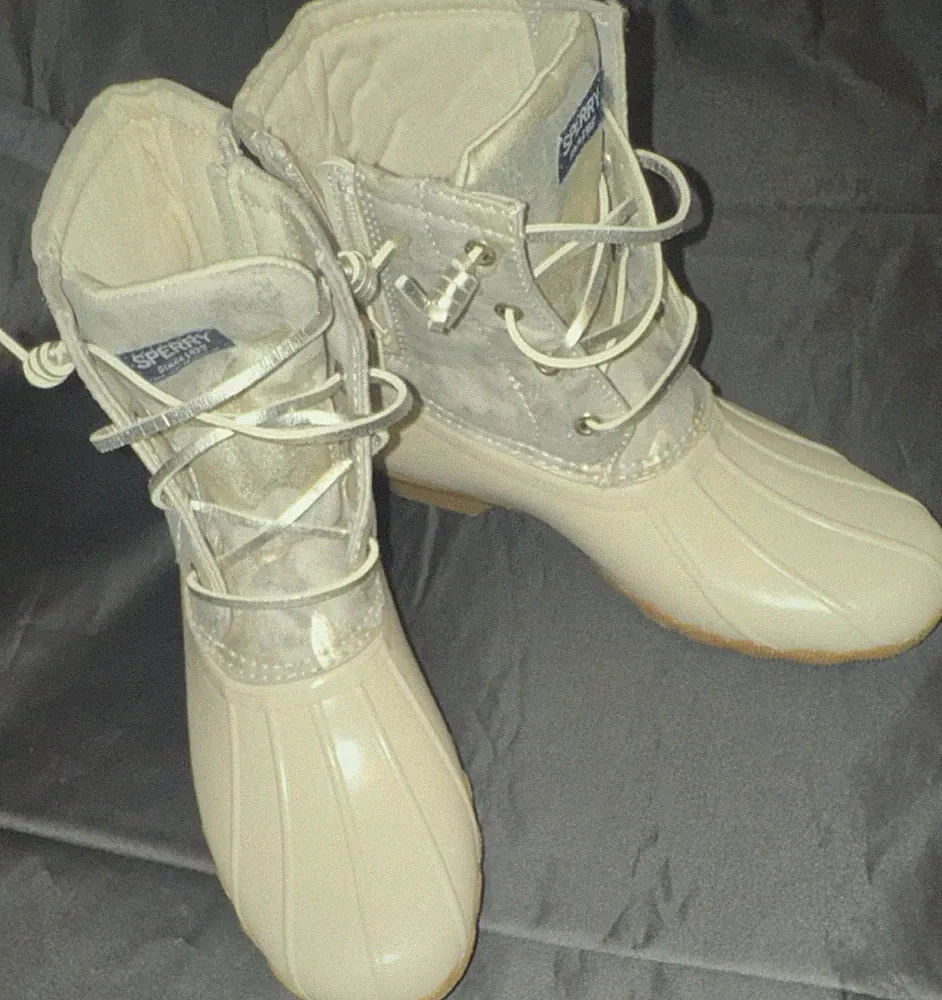 Sperry Beige Silver PU Textile Lace-Up Zip Waterproof Ankle Rain Boots 5M 37