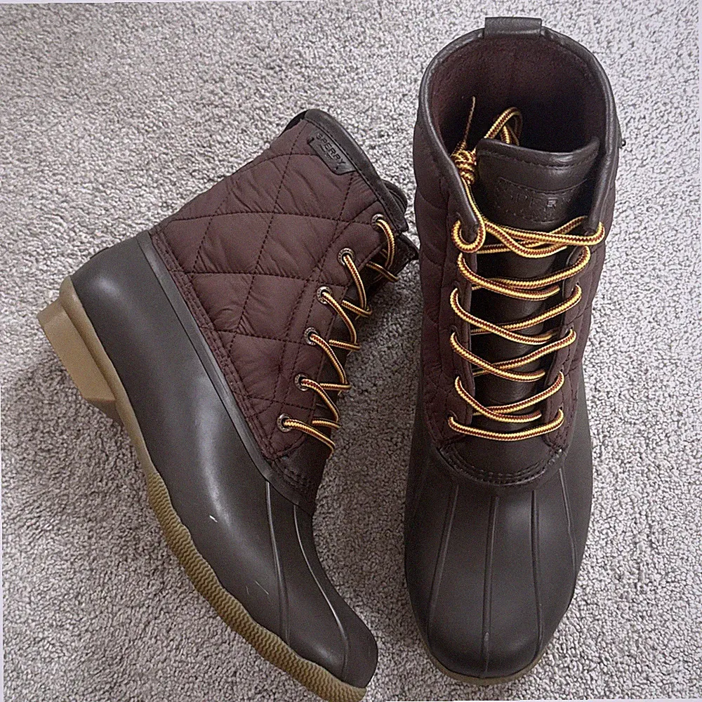 Sperry Snow Boots STS24866 Brown Waterpoof Rubber Soles Topsider Lace Up Accents