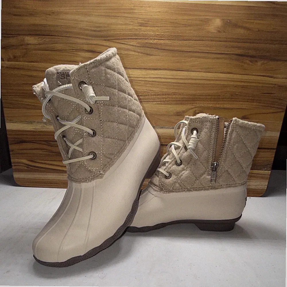 Sperry Women's Beige Quilted Ankle Rain Boots Lace Up Zip Synthetic Upper