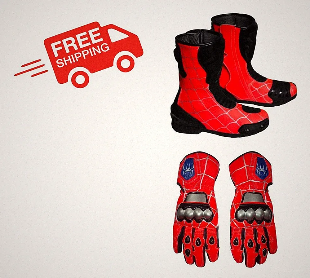 Spiderman Motorbike Racing Boots Motorcycle Cowhide Leather Shoes & Gloves