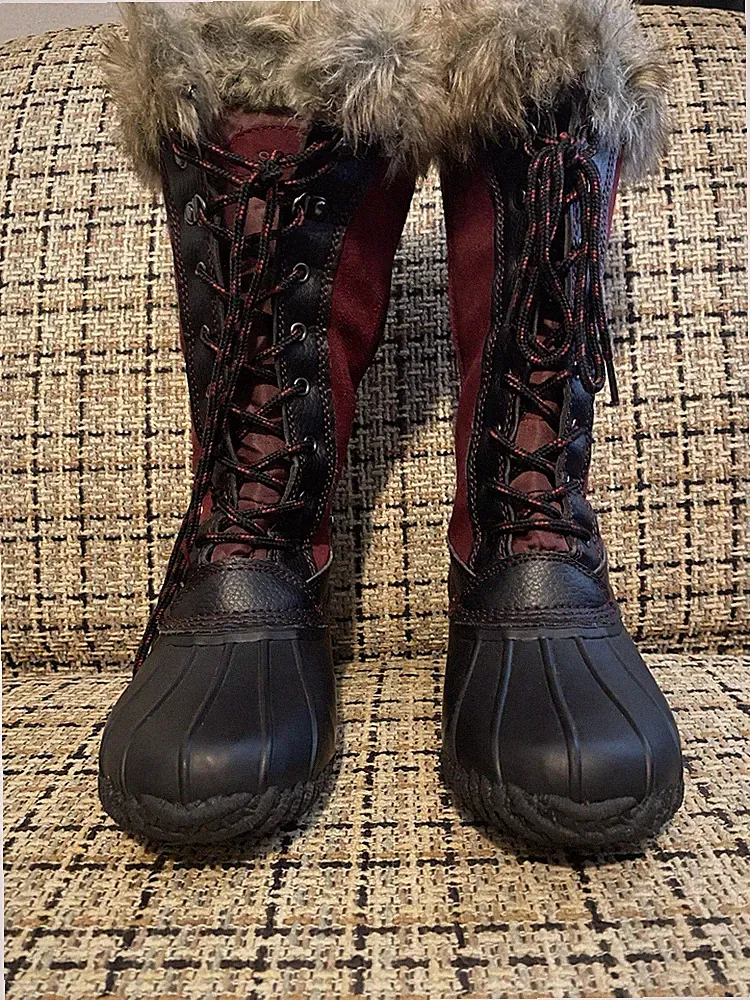 Sporto Burgundy Black Knee High Faux Fur Lined Winter Boot Lace Up Zip Women 5.5