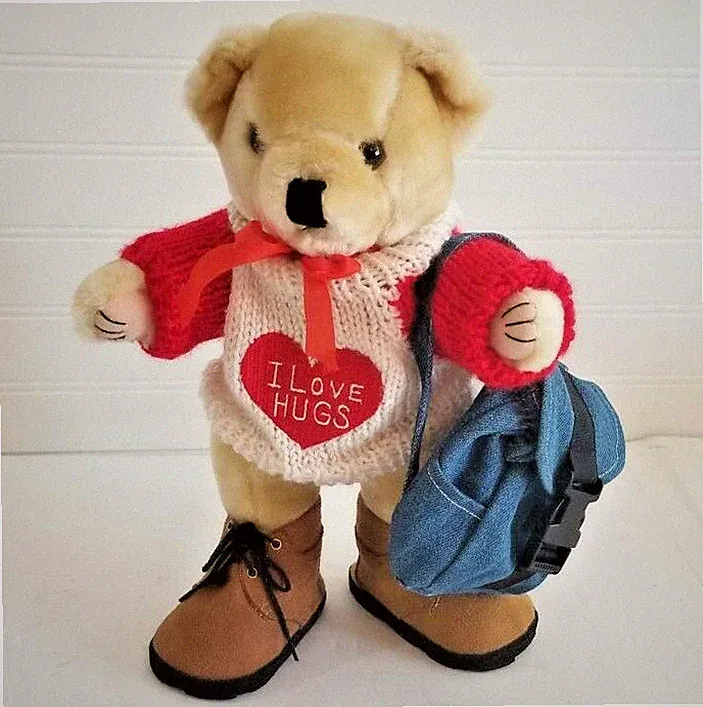 Standing Teddy Bear Heart Sweater Hiking Boots Backpack 12"