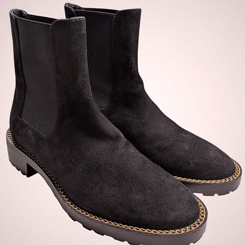 Stuart Weitzman Suede Chain Link Accents Chelsea Boots Black Size 4.5