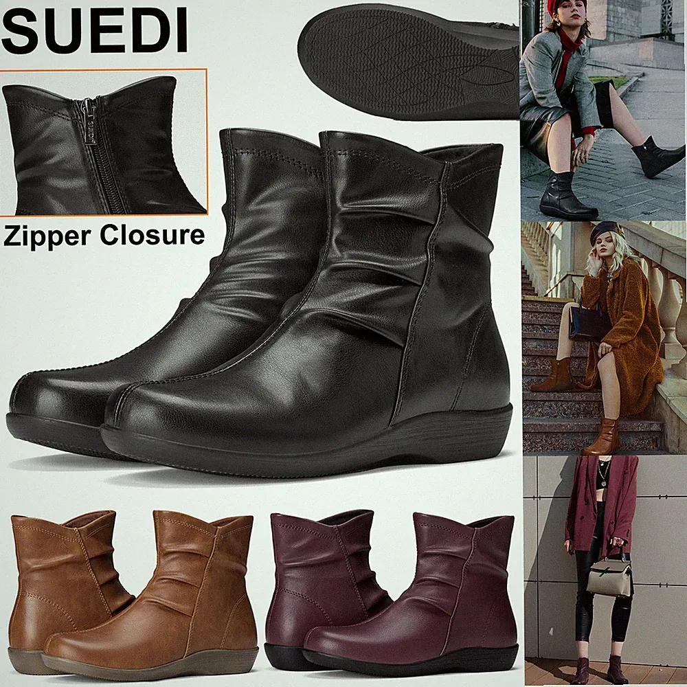 SUEDI Women Ankle Boot Fashion Slouch Flat Booties Zip Up Arch Support Work Boot