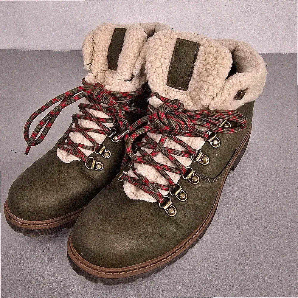Sun Stone Glenn Olive Green Winter Hiking Boots Mens Sz 8 Faux Shearling Lining