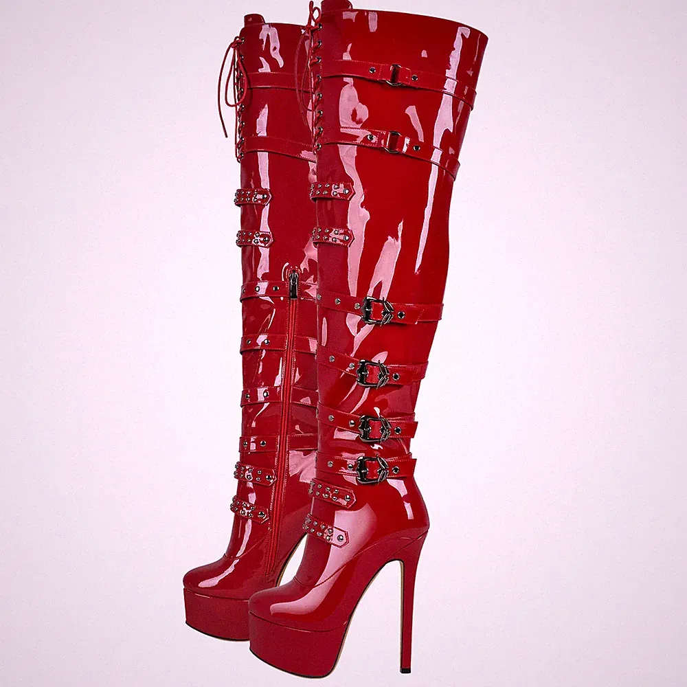 Super sexy women‘s platform high heel over knee boots with zipper and lace-up