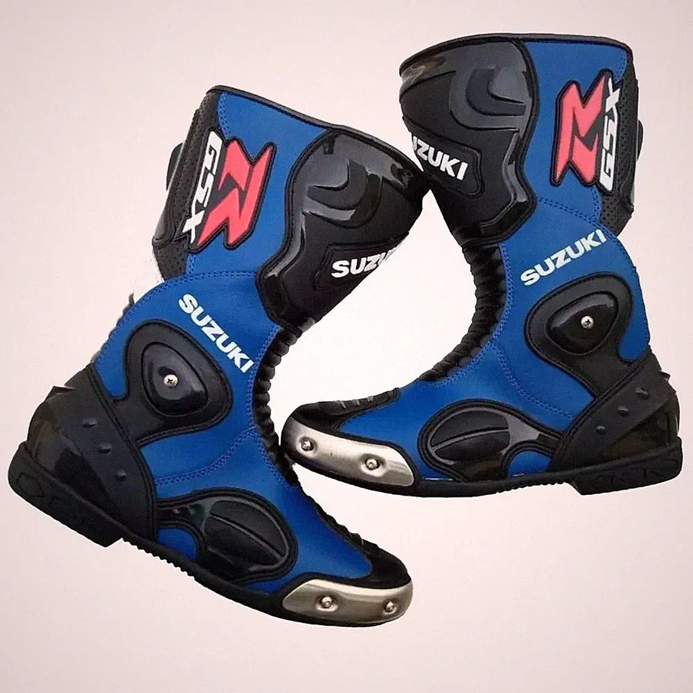 Suzuki GSXR Blue Motorbike Leather Boots Riding Motorcycle Shoes All Sizes