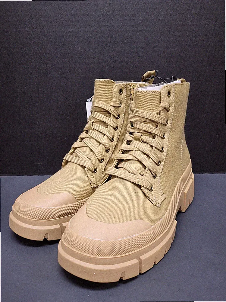 Tan Combat Boots Women Canvas Bump Toe Memory Foam Flex Lug Sole Multi Size NEW!
