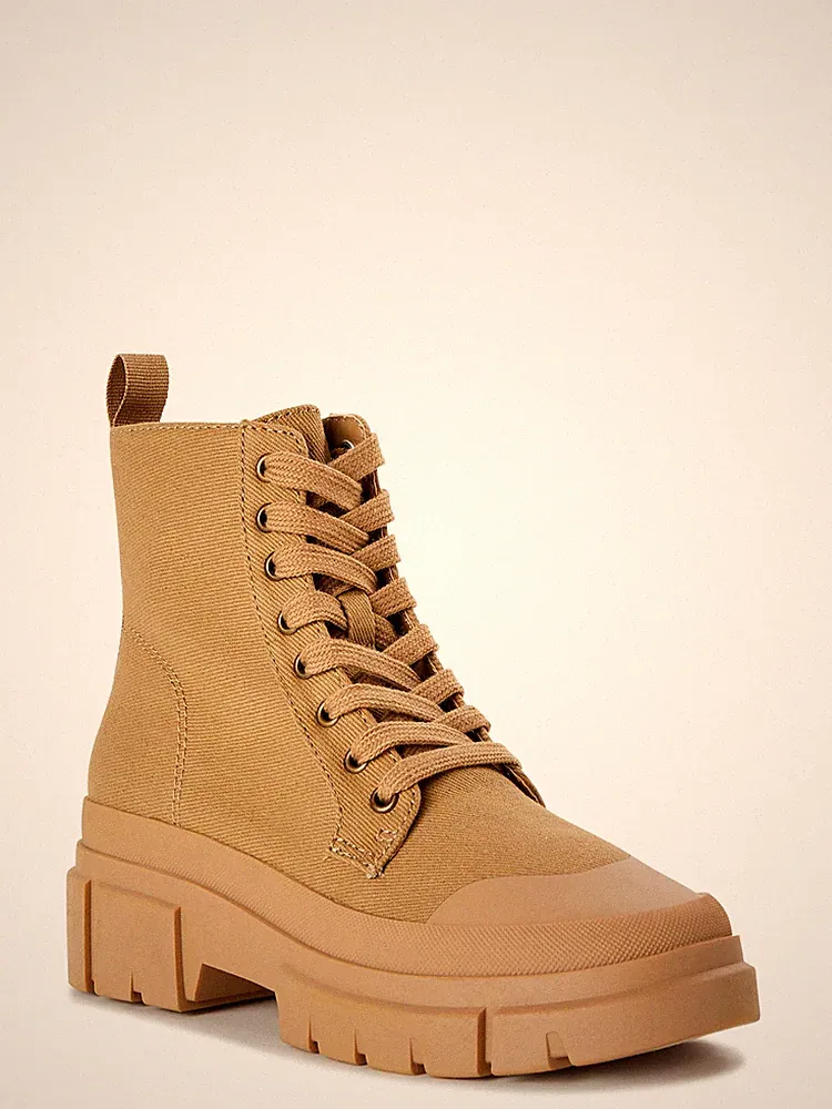 Tan Combat Boots Women Canvas Bump Toe Memory Foam Lace Up Flex Lug Sole Sz 6