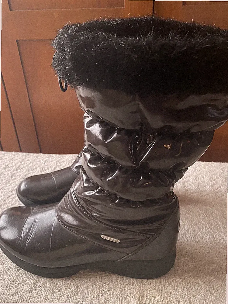 Tecnica Juliette Brown Puffed Patent High Winter Snow Boots Faux Fur Womens 7