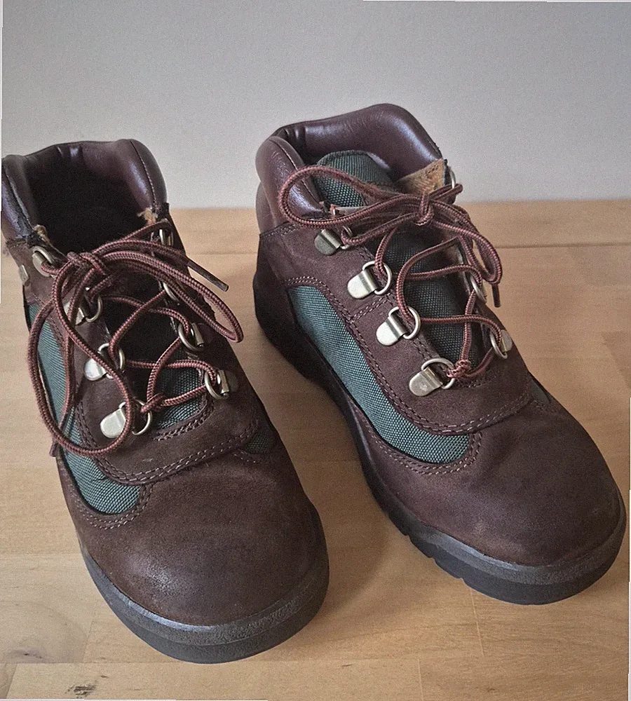 Timberland Boys Hiking Boots Brown Leather Green Fabric Size 2.5 Durable Grip