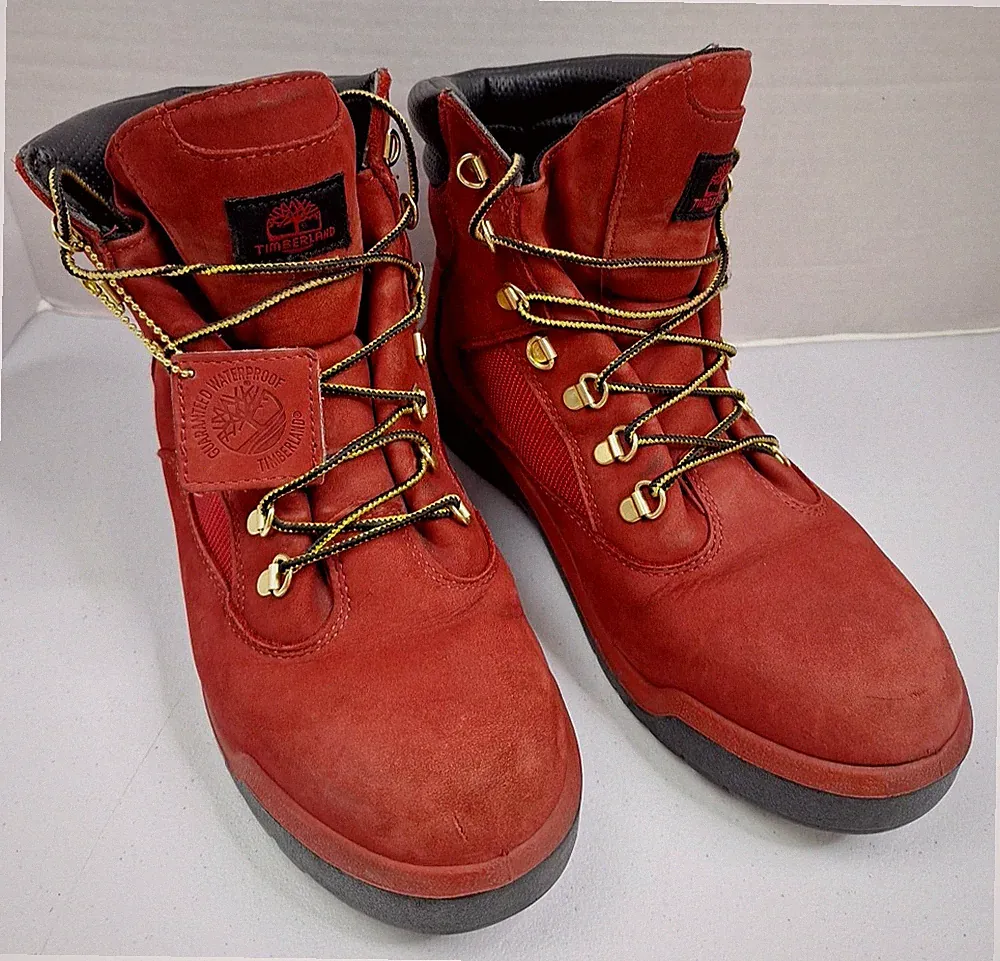 TIMBERLAND Mens Size 9 Waterproof Hiking Work Boots Soft Toe Red Suede Insulated