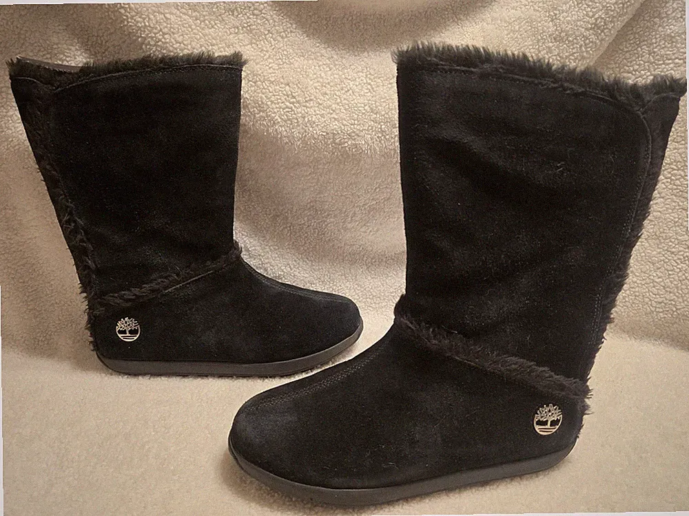 Timberland Mukluk Womens Sz 10 Wide Black Suede Faux Fur Lined Boots