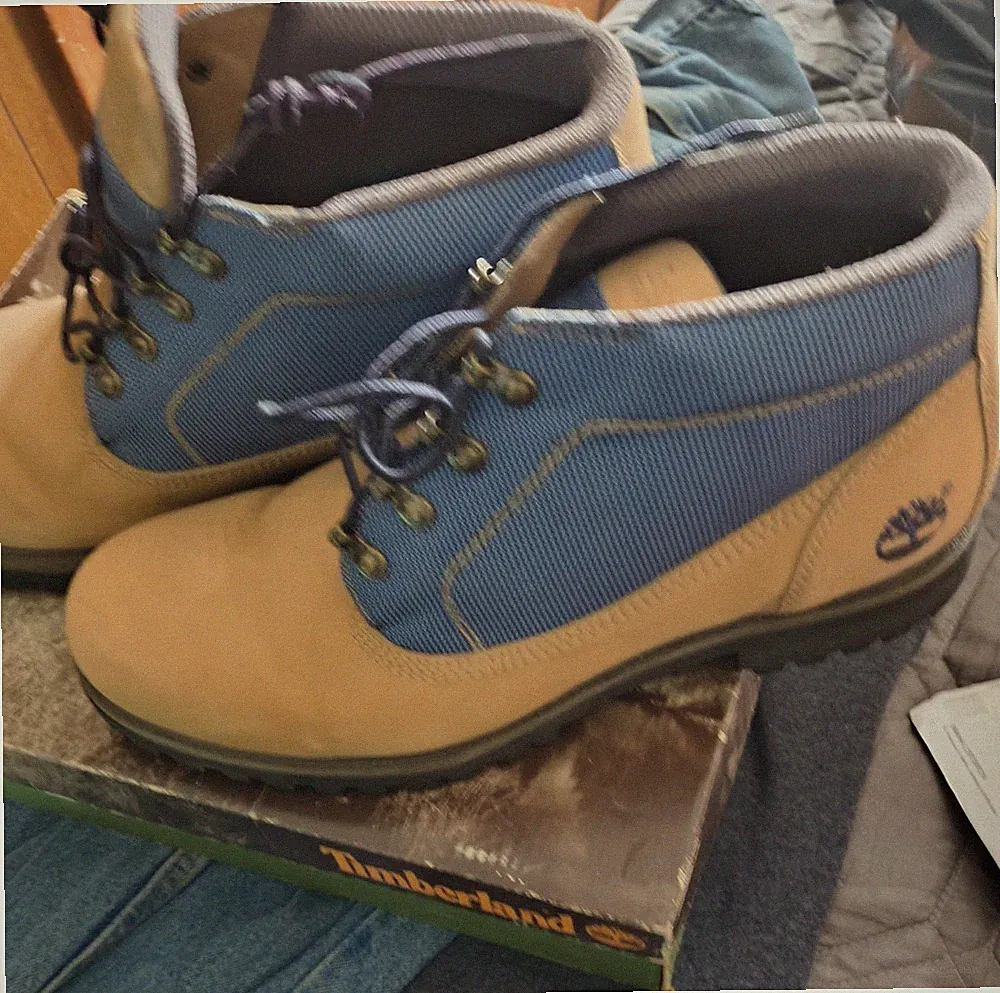Timberland Tan Blue Men's Ankle Hiking Boots Leather Fabric Lace Up