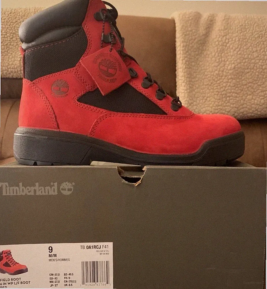 Timberland Waterproof Comfort Field Boot Red Black Lace Up Men's Size 9