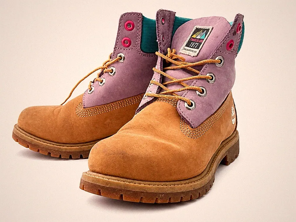 Timberland Women's Ankle Combat Boots Tan Purple Teal Leather Slip Resistant