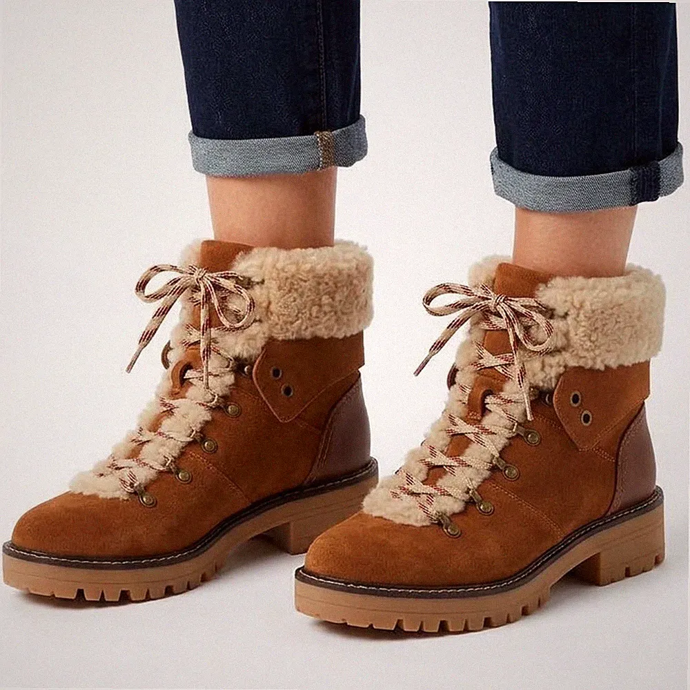 Time And Tru Womens US 8.5 Brown Leather Faux Fur Collar Ankle Cozy Hiking Boots