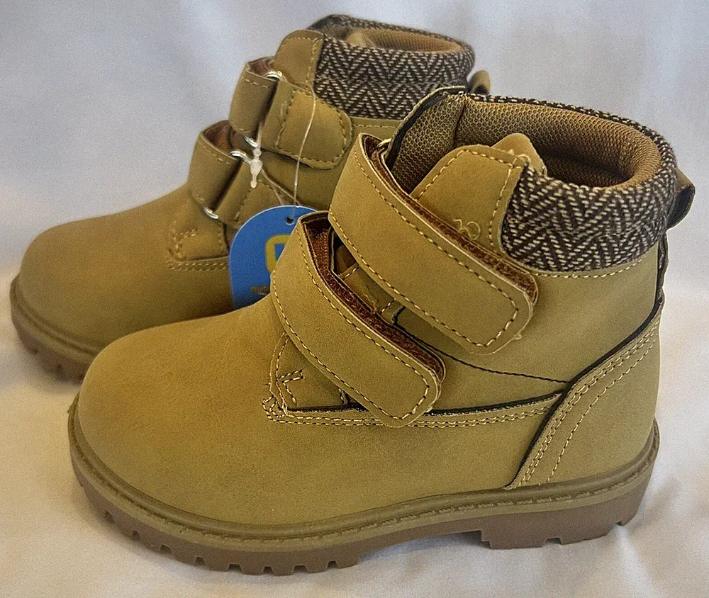 Tobfis Kids Waterproof Work Boots Size 8 Tan Double Hook & Loop Strap Closures