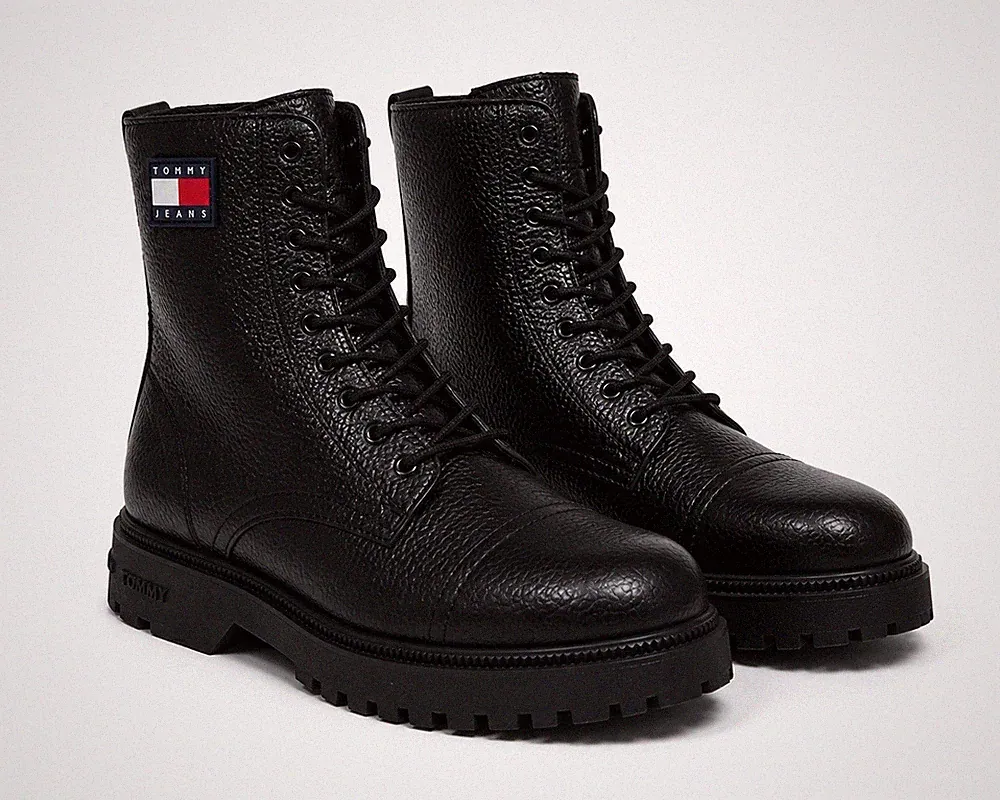 Tommy Hilfiger Lace-Up Winter Boots Black Leather Fur Lined Size 11.5 (EU 45)