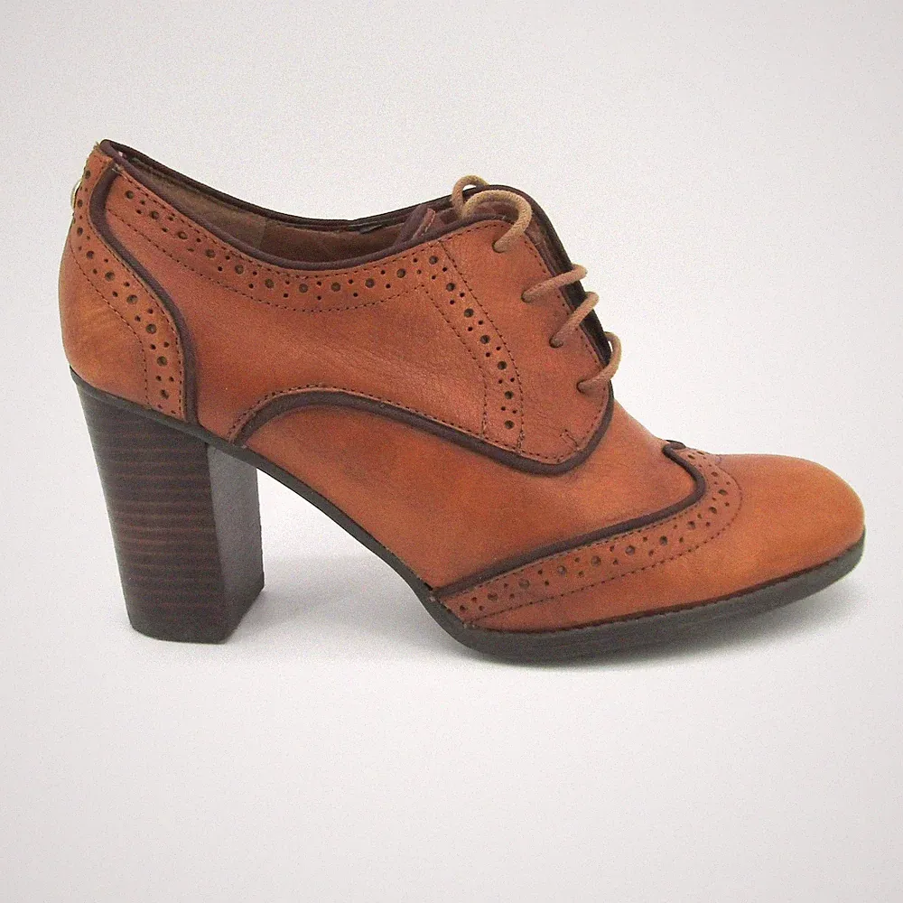 Tommy Hilfiger Womens Cognac Brown Leather Brogue Wingtip Heeled Oxford Booties