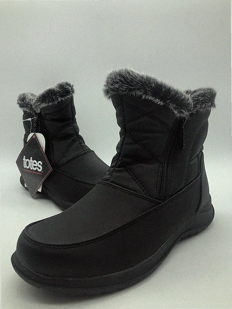 Totes Women 6M Quilted Ankle Snow Boots Black Waterproof Faux Fur Vegan NEW