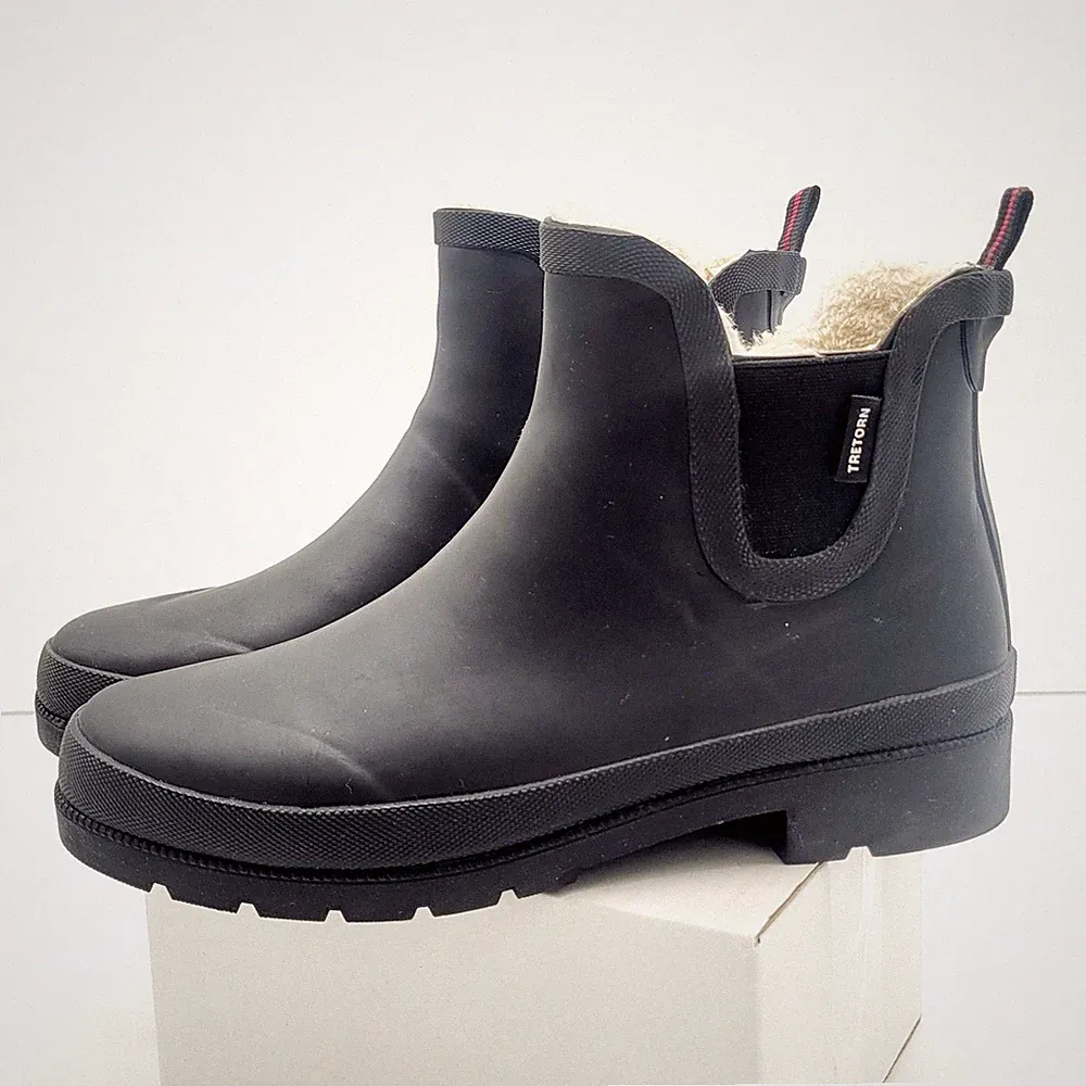 Tretorn Womens Rain Boots Sz 9 Chelsea Black Rubber Fur Lined Lina Ankle Booties
