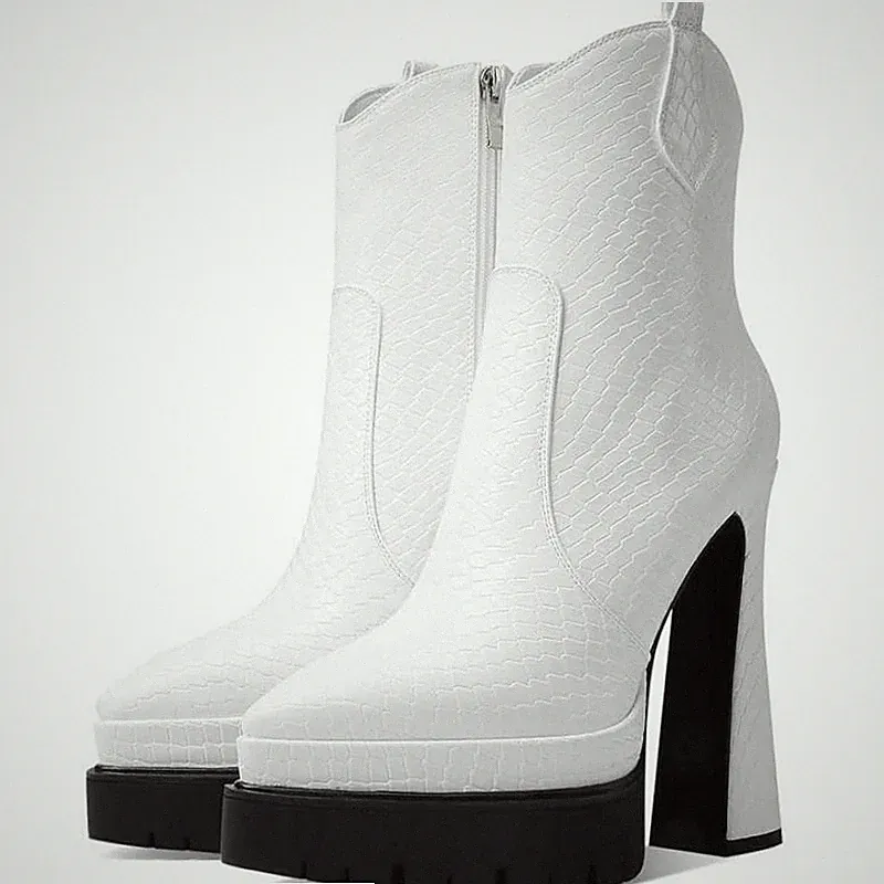 Uacllcau White Platform Boots for Women Pointed Toe Knee High Boots WHITE -9.5