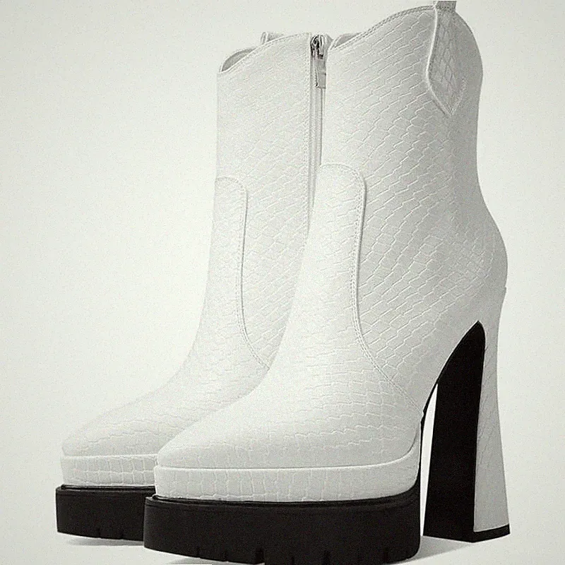 Uacllcau White Platform Boots for Women Pointed Toe Knee High Boots WHITE SIZE 8