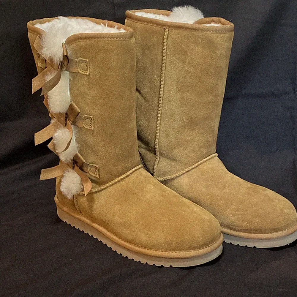 UGG Beige Suede Shearling Bow Fur Trim Mid-Calf Boots for Women