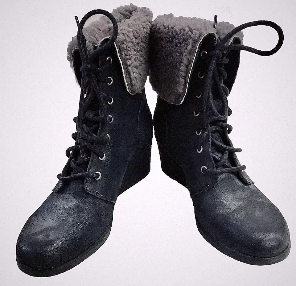 UGG Black Suede/Leather, Grey Fuzzy Cuff Wedge Heel Boots, Size 9