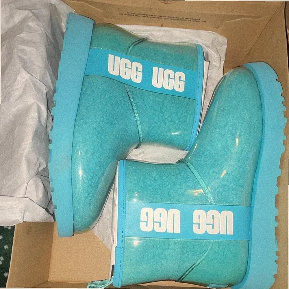 UGG Blue Ankle Snow Boots Logo Pull On Rubber Lined Women's Winter Outdoor