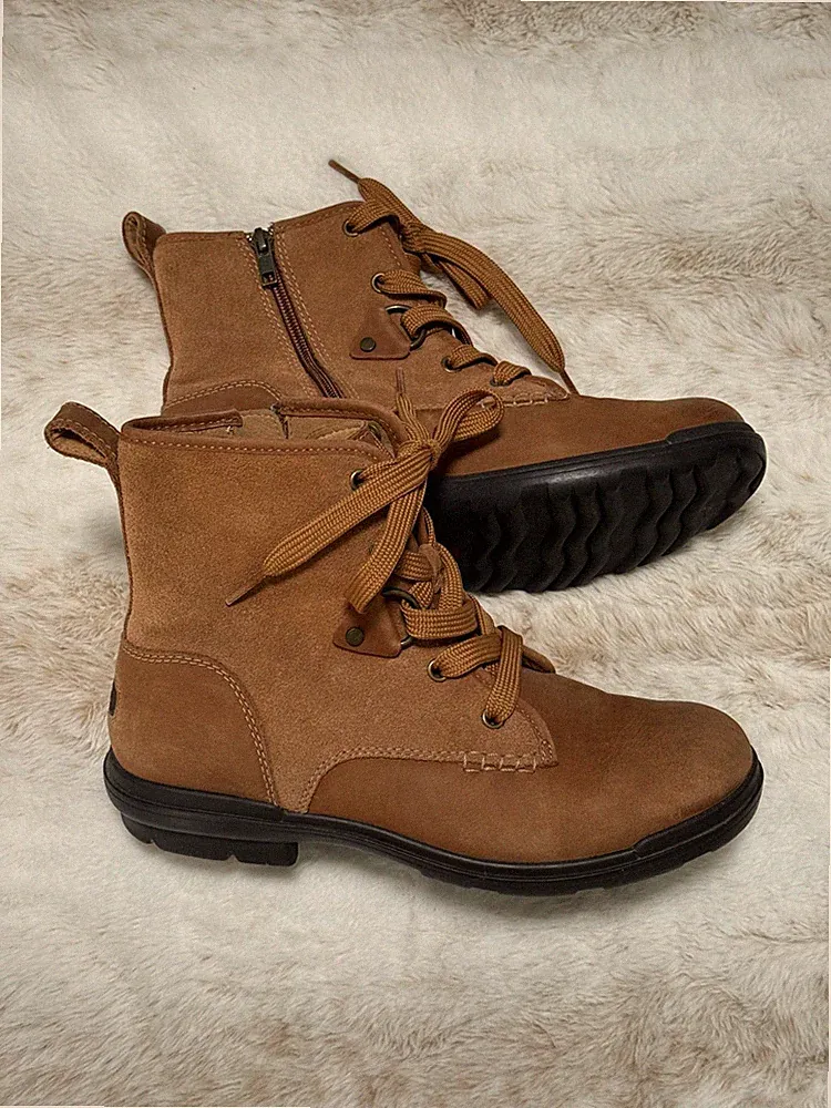 UGG Boots Women 8 Brown Hapsburg Leather Lace Up Combat Mid Hiking Shoes Boho