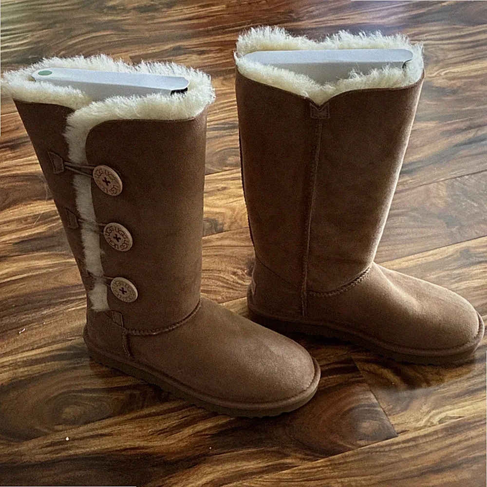 UGG Brown Suede Knee High Winter Boots with Fur Lining and Button Accents