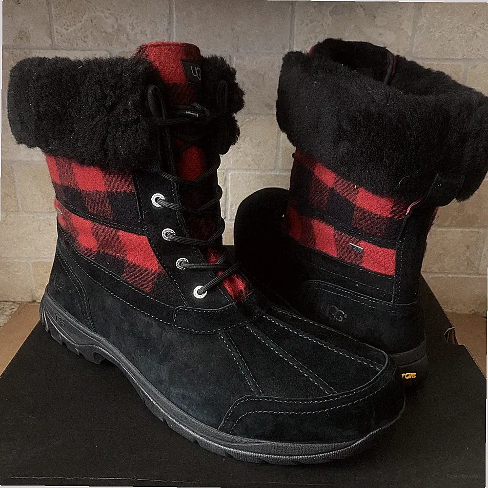 UGG Butte Redwood Plaid Black Waterproof Leather Wool Snow Boots Size US 17 Men