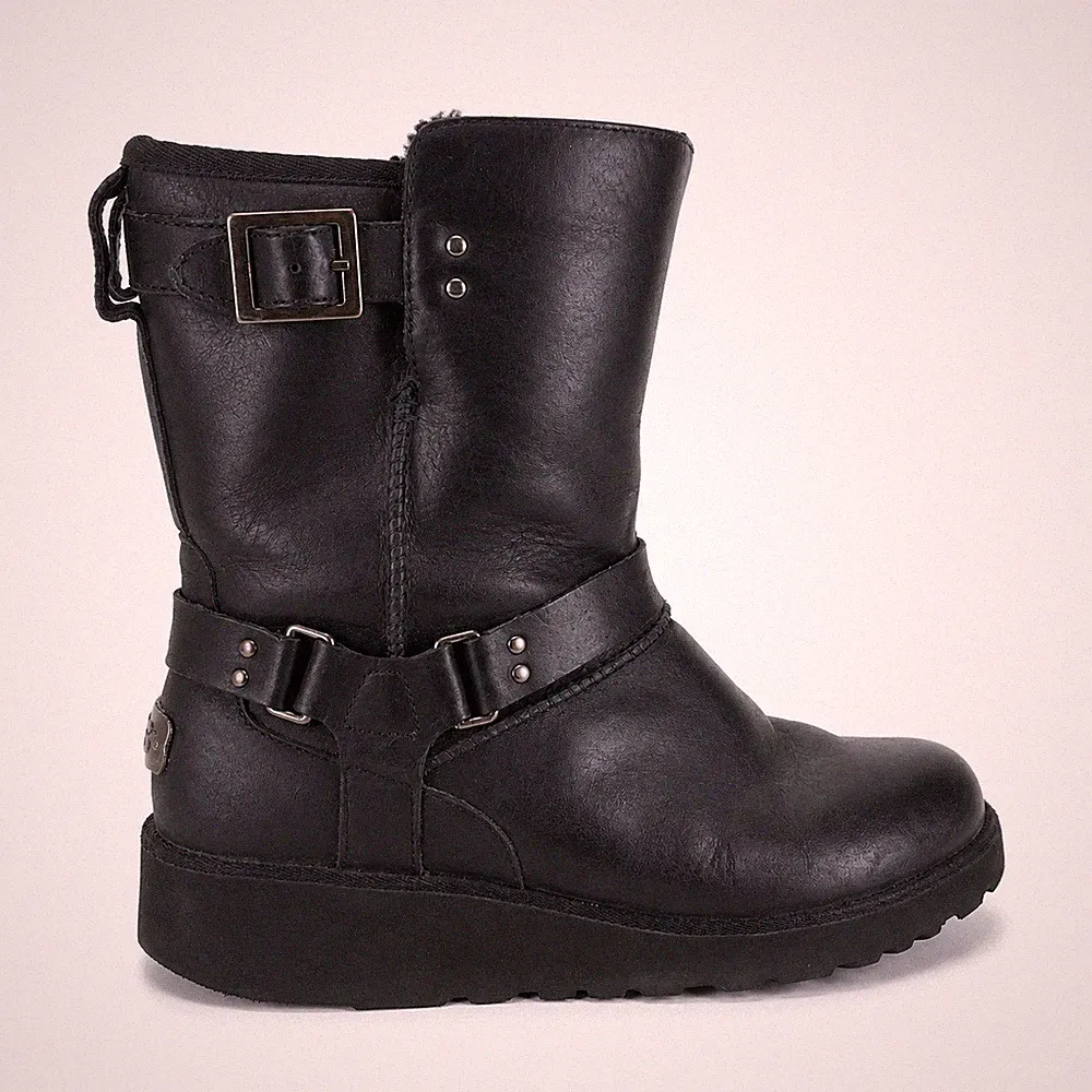 UGG Harness Motorcycle Boots Sz 8 Black Leather Shearling Biker Grunge Goth Punk
