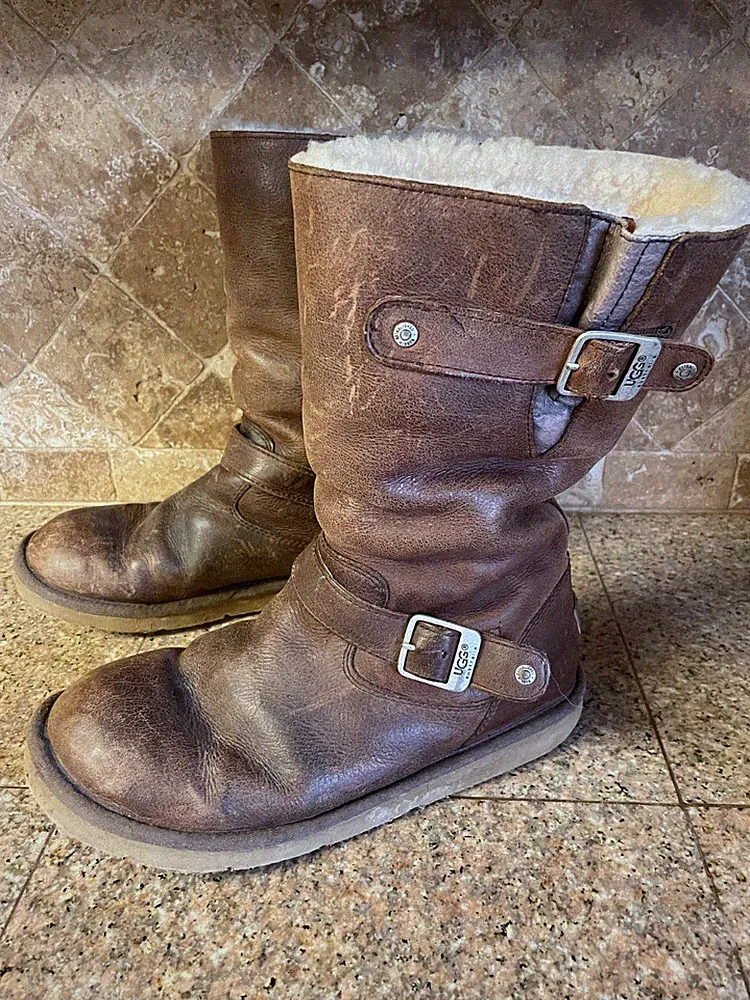 Ugg Kensington Boots Women Size 10 Brown Leather Distressed Sheepskin Motorcycle