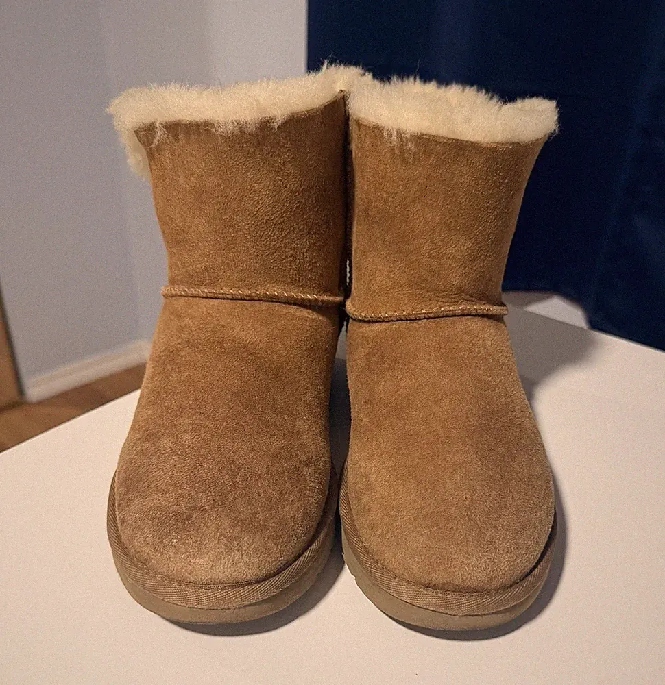 UGG Mini Bailey Bow II Brown Suede Shearling Ankle Boots with Bow and Fur Trim