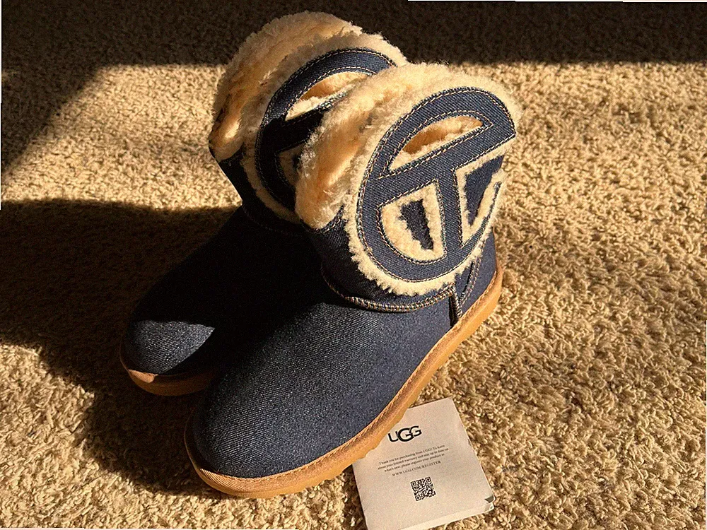 UGG Telfar Logo Denim Shearling Mini Boots Blue Women's US Size 6