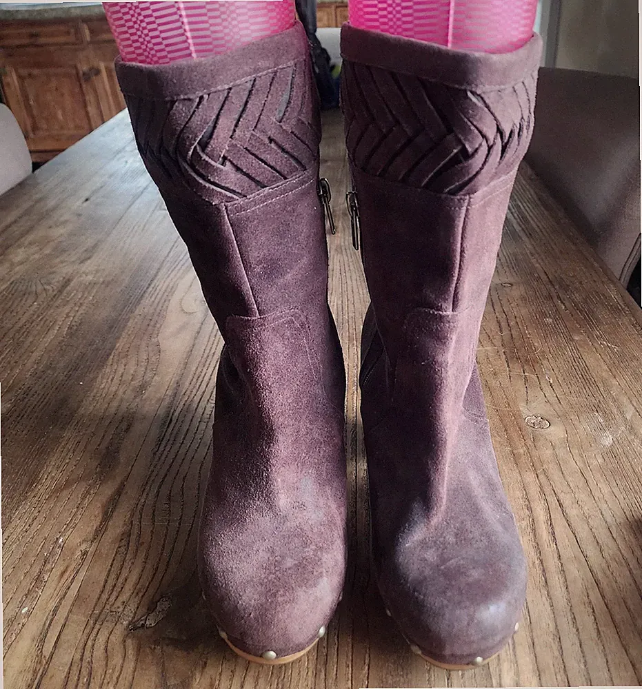 UGG Women's Brown Suede Mid-Calf Block Heel Studded Zip Mid-Calf Boots