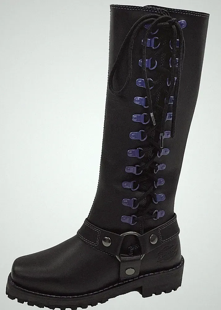 Unik Women's Premium Leather Laced Motorcycle Boots, Black/Purple 12000-17