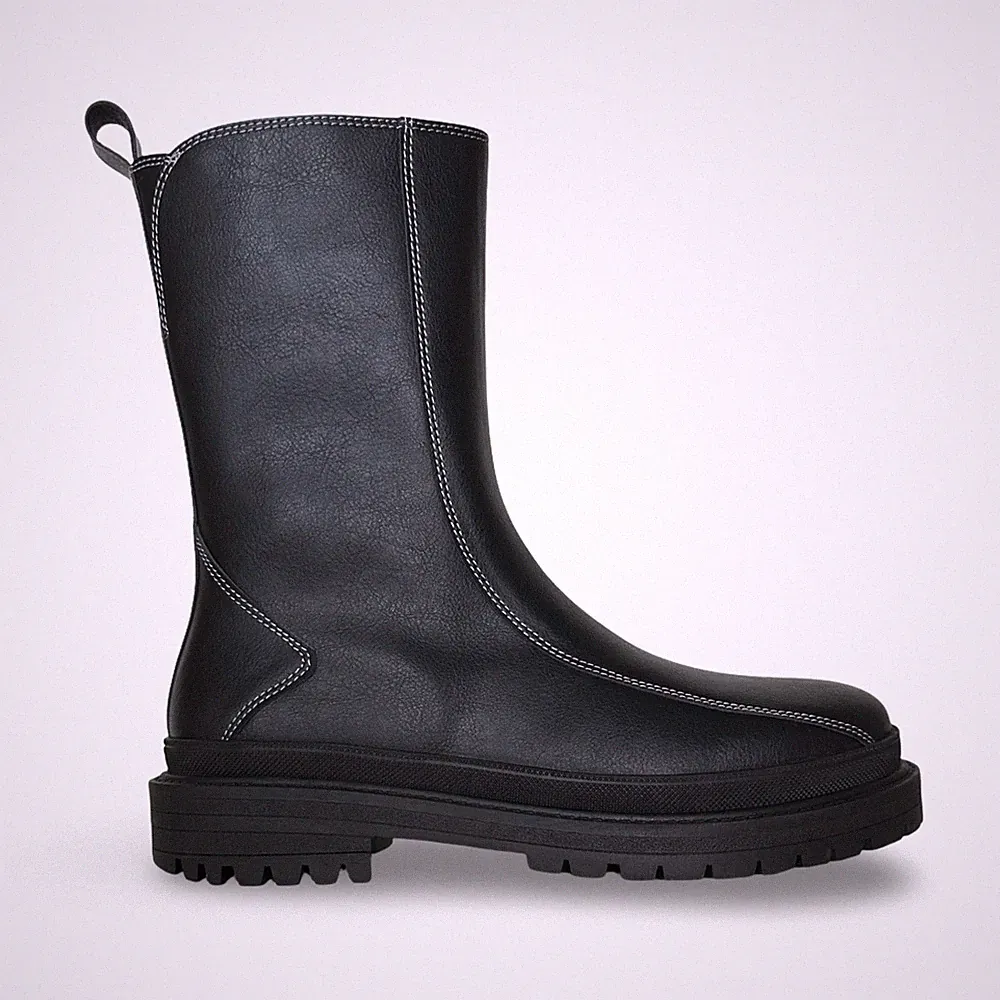 Unisex black mid-calf boots vegan leather zipper flats ridged sole casual office