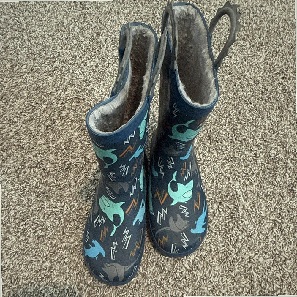 Unisex Kids Shark Print Pull-On Faux Fur Lined Rain Boots Blue/Gray Size 13