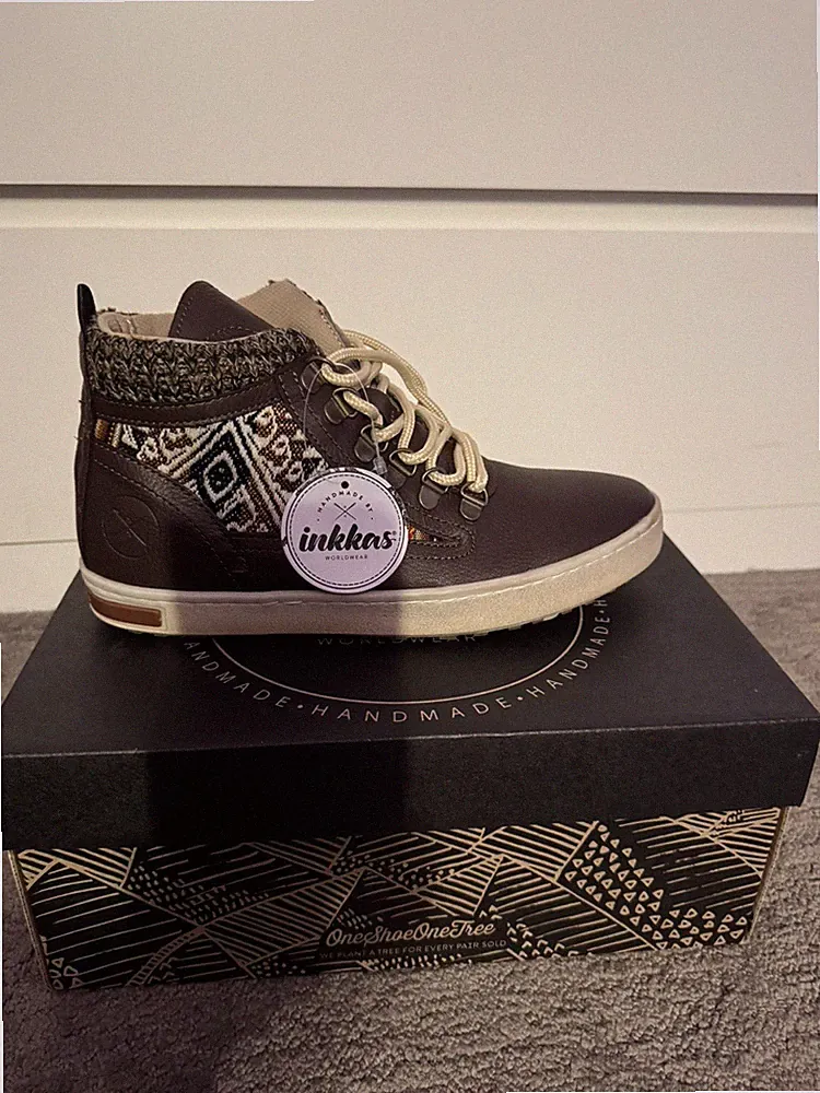 US Women's 8 INKKAS Vegan Camping Boot Sneaker Leather Shoe Brown High Top