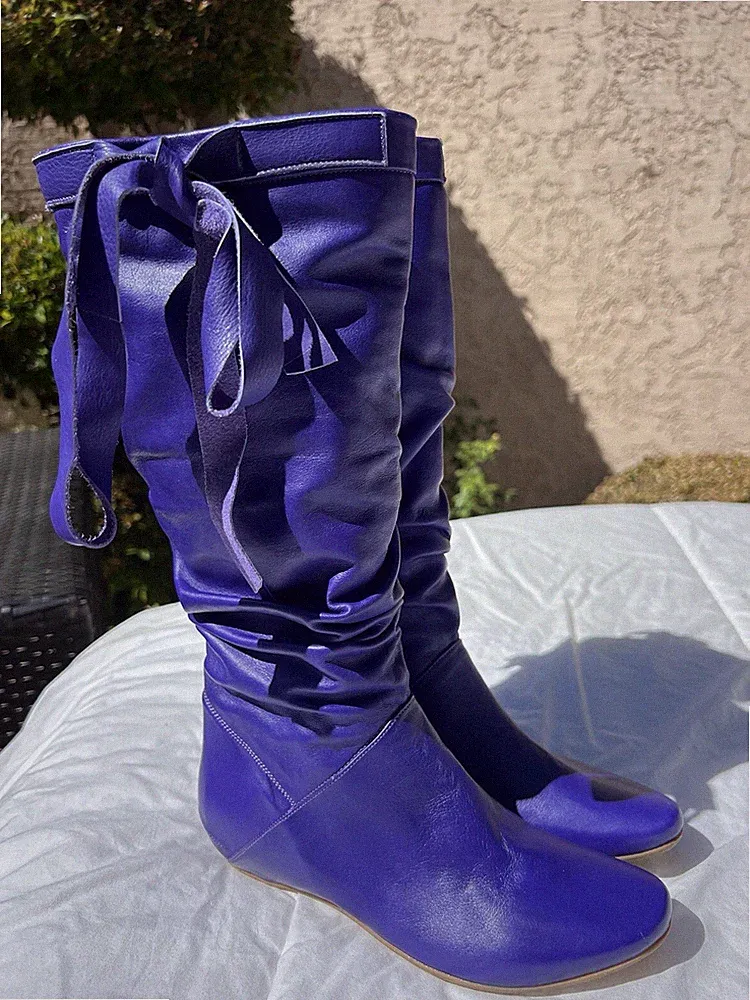 *used Once Fornarina Tall Purple Leather Slouchy Bow Tie Riding Boots Sz 37 Us 6